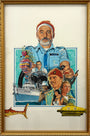 Spoke Art illustrated movie poster inspired by Paul Mann, showcasing a bearded man in a red beanie, the Belafonte boat, yellow submarine, colorful fish, stylized shark, and more—all in a gold frame. A tribute to Life Aquatic.