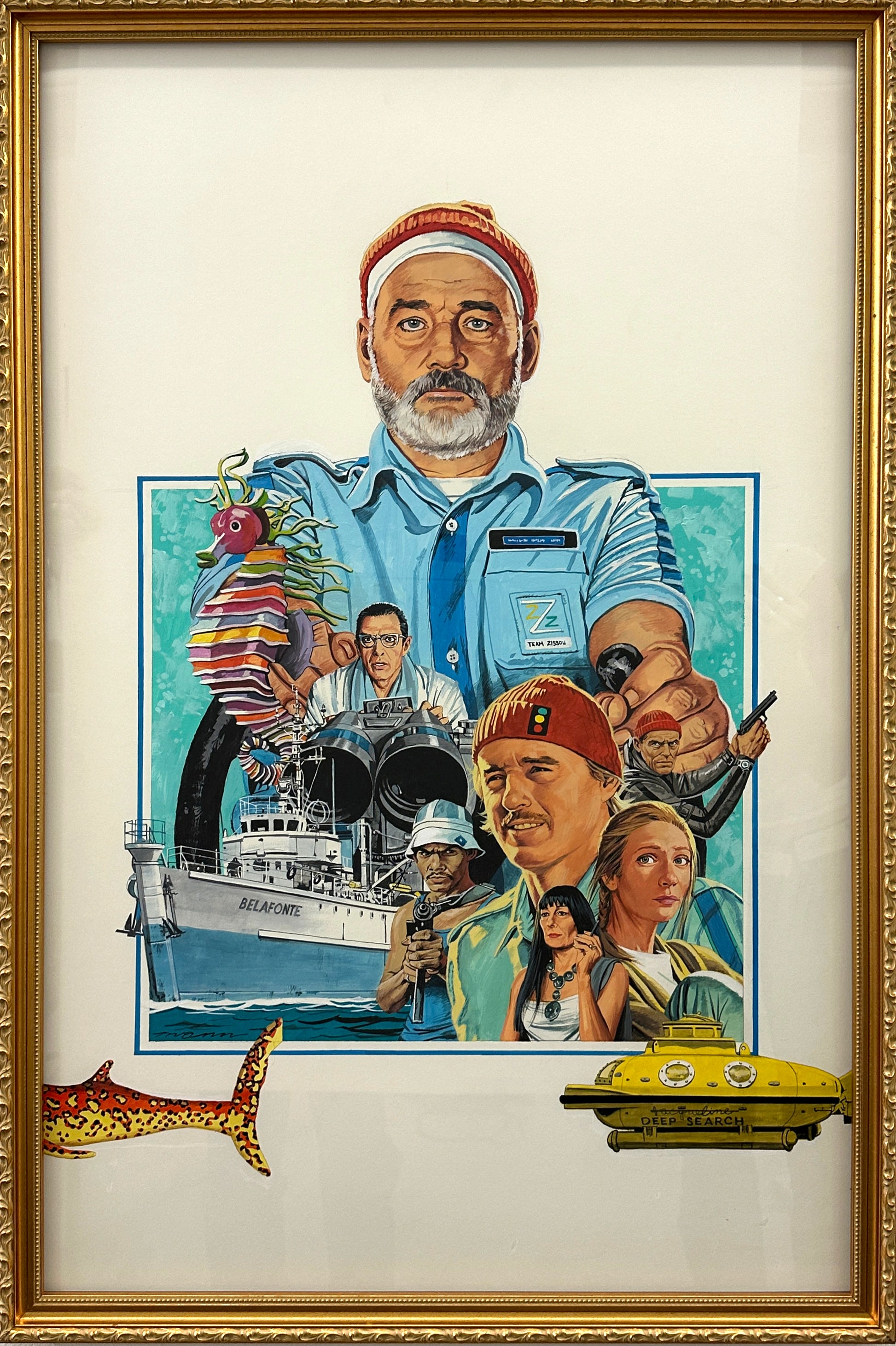 Spoke Art illustrated movie poster inspired by Paul Mann, showcasing a bearded man in a red beanie, the Belafonte boat, yellow submarine, colorful fish, stylized shark, and more—all in a gold frame. A tribute to Life Aquatic.