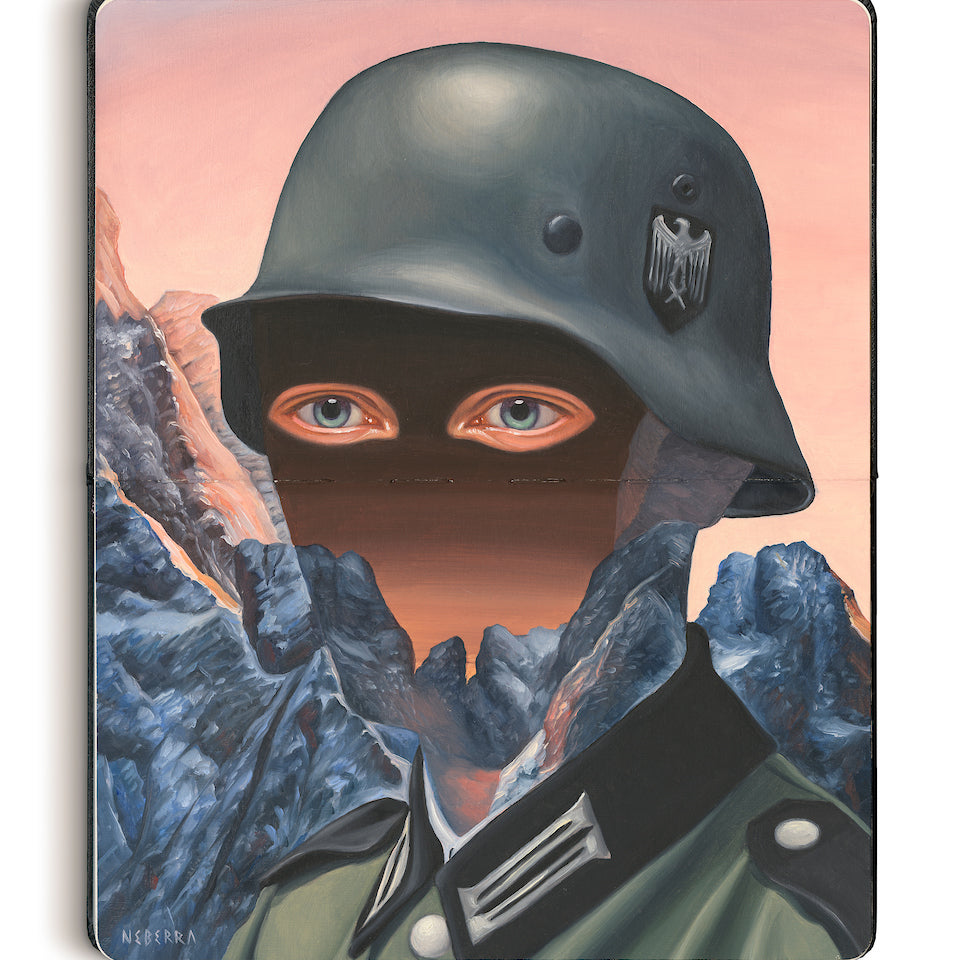 painting in an open face Moleskine notebook of a person in nazi uniform camouflaged against a mountain range by artist Paul Nberra