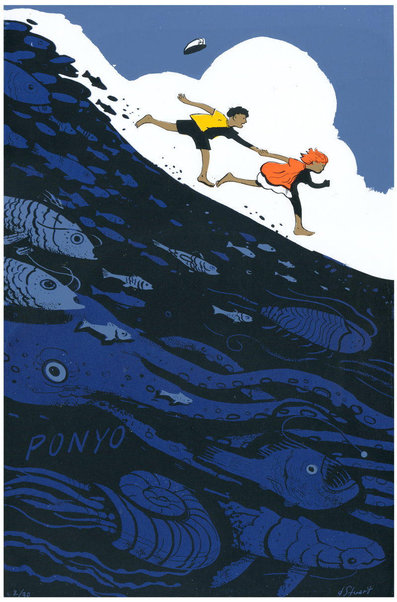 Illustration of two children running along a wave with fish below, from the movie 'Ponyo'.