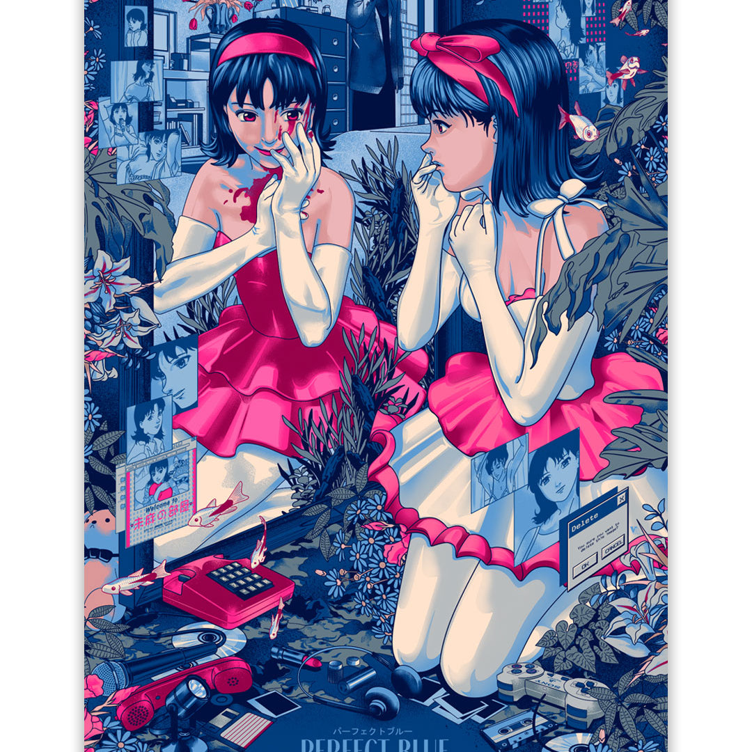 A screen printed poster for Perfect Blue featuring a girl in a red dress looking at her reflection in a mirror, surrounded by flowers, cassette tapes, and computer windows.