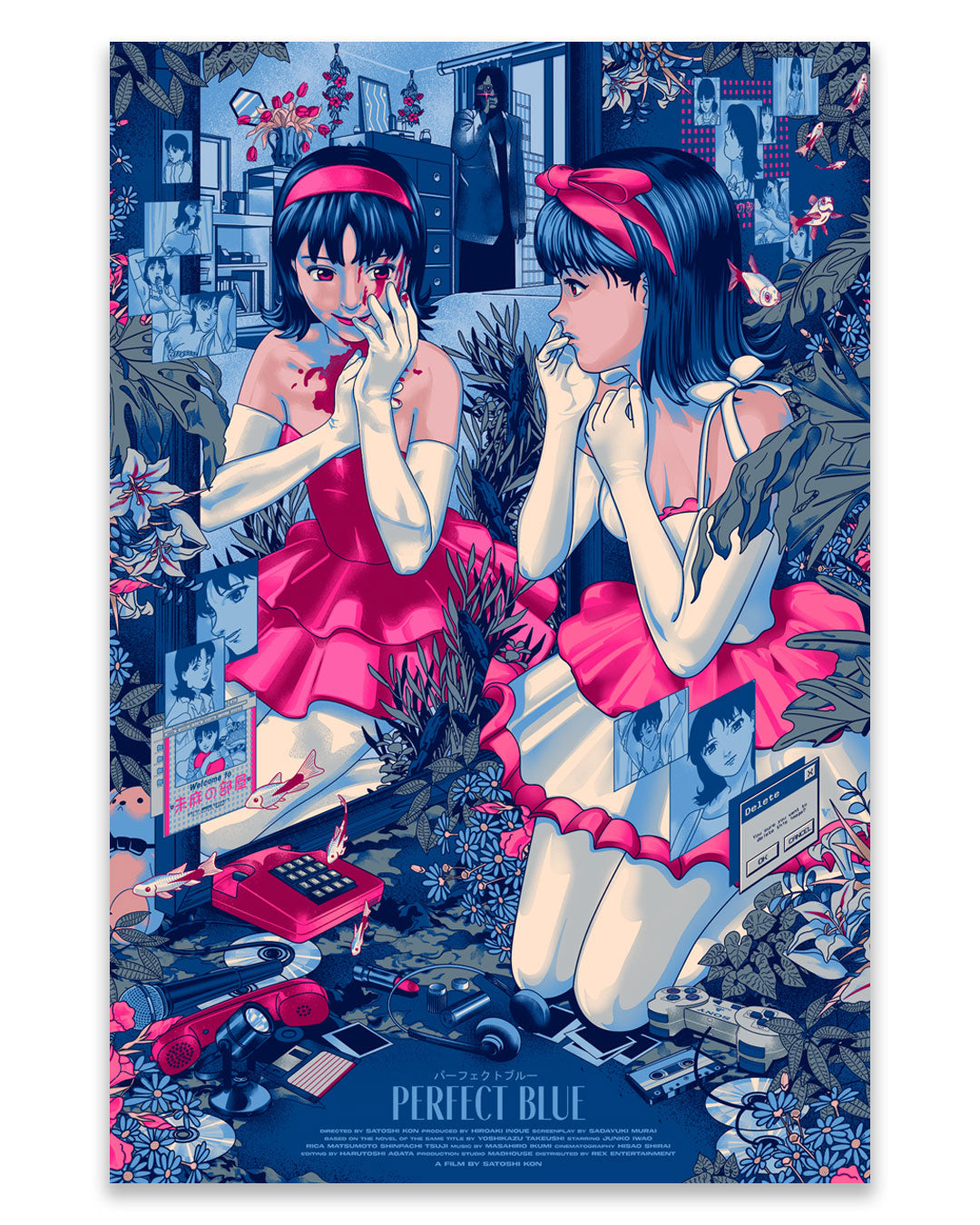 A screen printed poster for Perfect Blue featuring a girl in a red dress looking at her reflection in a mirror, surrounded by flowers, cassette tapes, and computer windows.