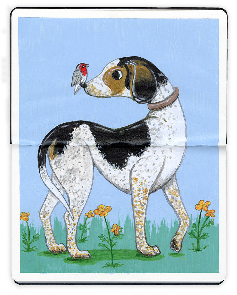 painting in an open face Moleskine notebook depicting a black and brown spotted dog standing in grass with orange flowers and a small gray and red bird on its nose by artist Neil Perry