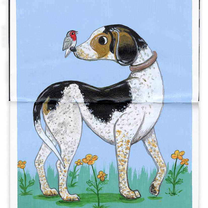 painting in an open face Moleskine notebook depicting a black and brown spotted dog standing in grass with orange flowers and a small gray and red bird on its nose by artist Neil Perry