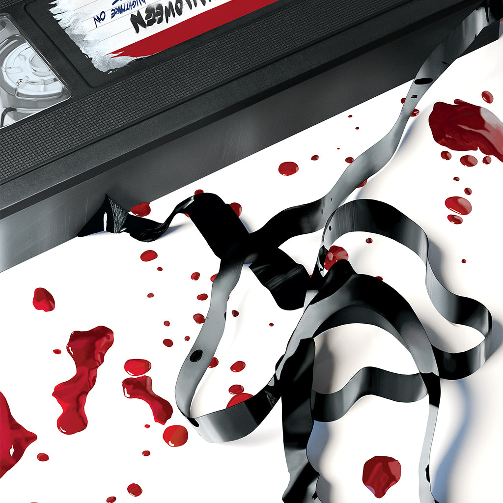 A limited edition Phil Shelly screen print features a VHS tape with unwound black tape spilling onto a blood-splattered white surface and a partially visible label.