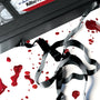 A limited edition Phil Shelly screen print features a VHS tape with unwound black tape spilling onto a blood-splattered white surface and a partially visible label.