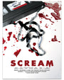 A limited edition Phil Shelly screen print shows a VHS tape labeled Halloween unwinding into a ghost face, with red blood splatters on white and bold red SCREAM at the bottom.