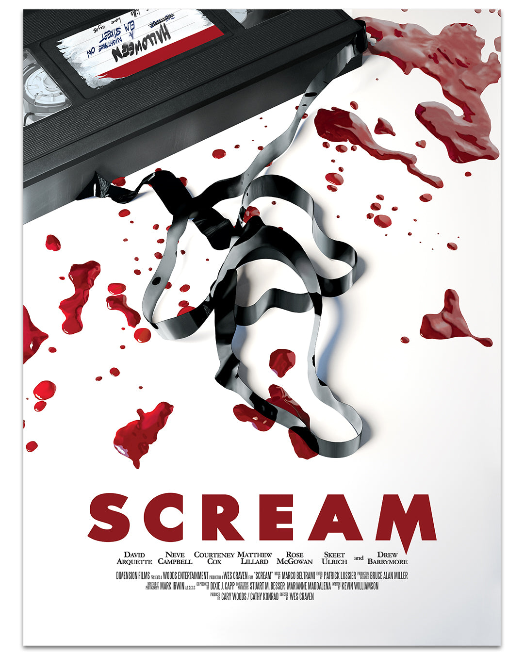 A limited edition Phil Shelly screen print shows a VHS tape labeled Halloween unwinding into a ghost face, with red blood splatters on white and bold red SCREAM at the bottom.