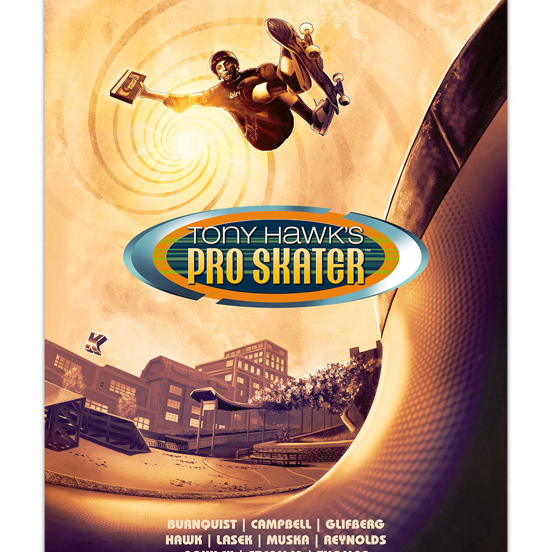 A skateboarder performs a midair trick above a skatepark at sunset in this striking archival pigment print, featuring the Phil Shelly brand name prominently displayed below.