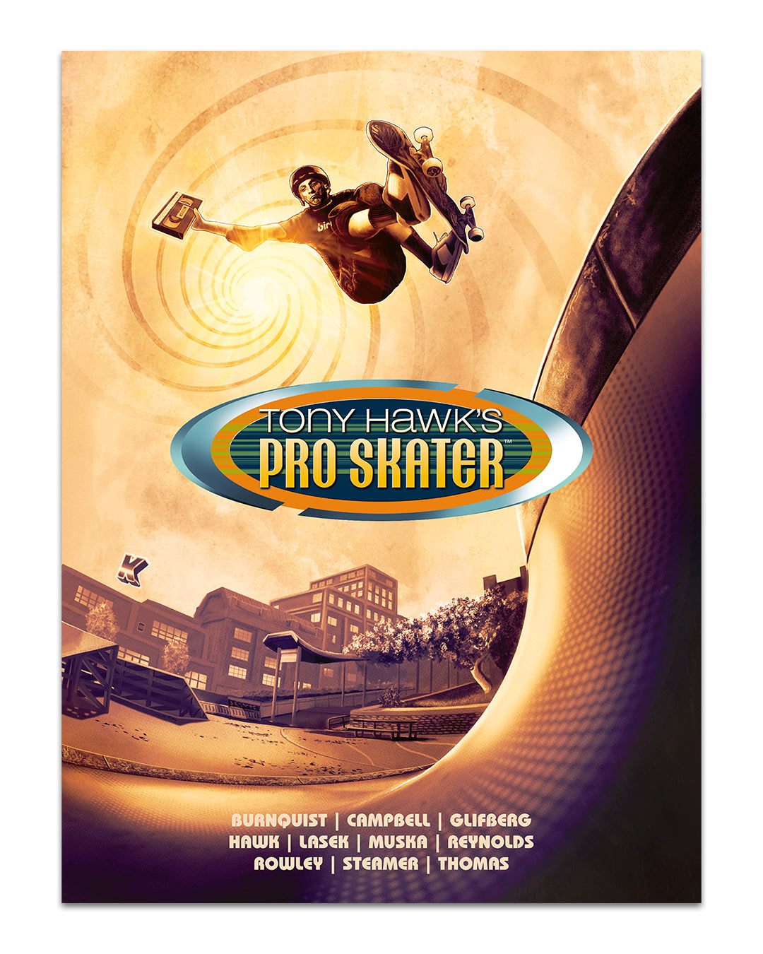 A skateboarder performs a midair trick above a skatepark at sunset in this striking archival pigment print, featuring the Phil Shelly brand name prominently displayed below.