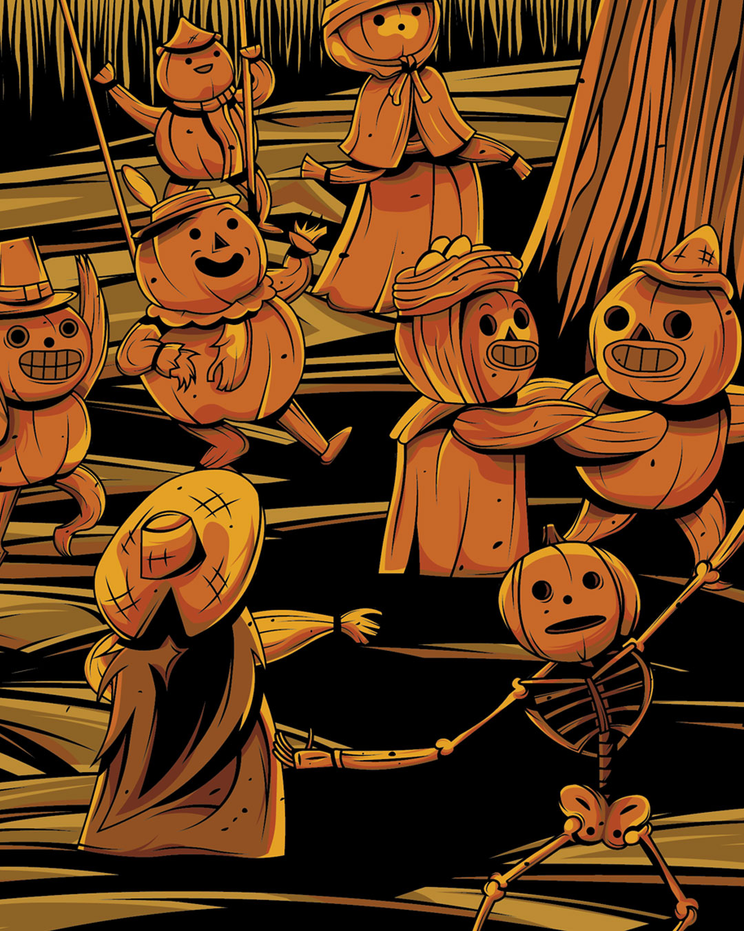 A matte poster illustration of several stylized pumpkin-headed figures and a skeleton dancing in a dark Pottsfield field.