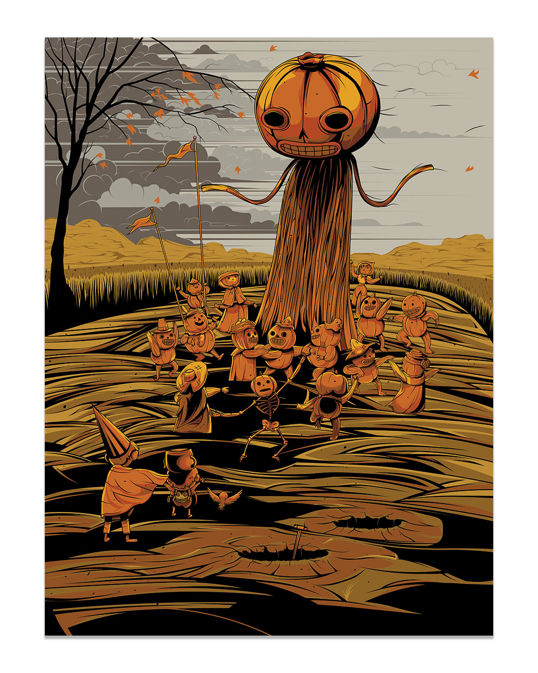 A large, pumpkin-headed scarecrow stands in a Pottsfield field as small, pumpkin-headed figures dance in a circle around it, watched by two children in the foreground of this digital print.