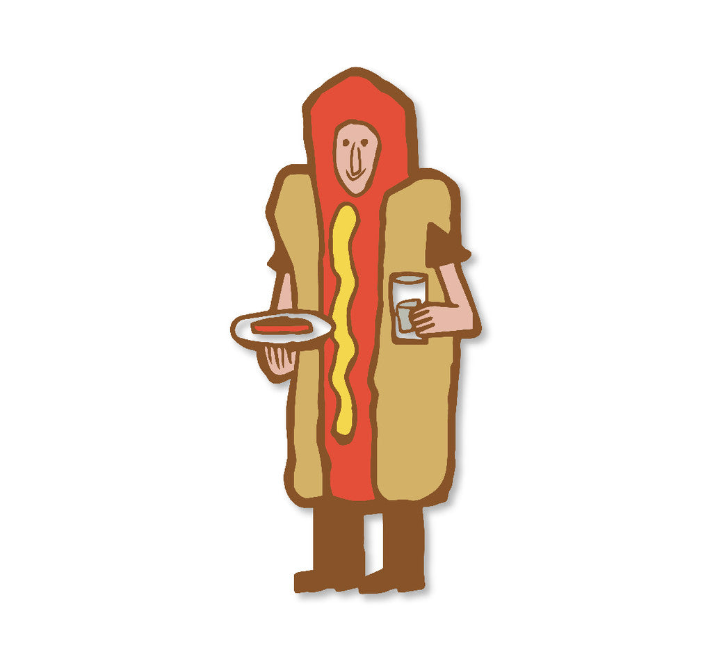 A limited edition hard enamel pin by Scott C. features a cartoon person in a hot dog costume with mustard, holding food and a drink, standing on a white background with gold-plated details.