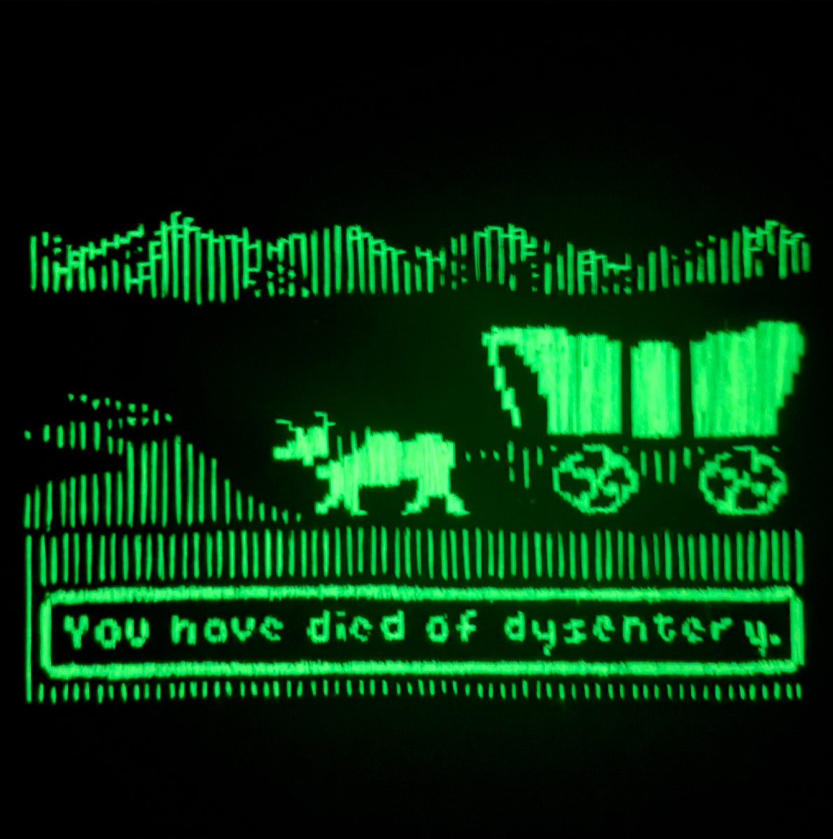 Glowing green text on a black background with a vintage computer aesthetic.