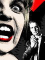 A stylized image by Rucking Fotten depicts a close-up of a woman screaming with wide eyes and red lips, while a man in a suit holds a recorder in the background amidst dark trees and a bold red geometric shape. Rendered as a screen print, this striking scene features glow in the dark elements that add an eerie intensity to the composition.