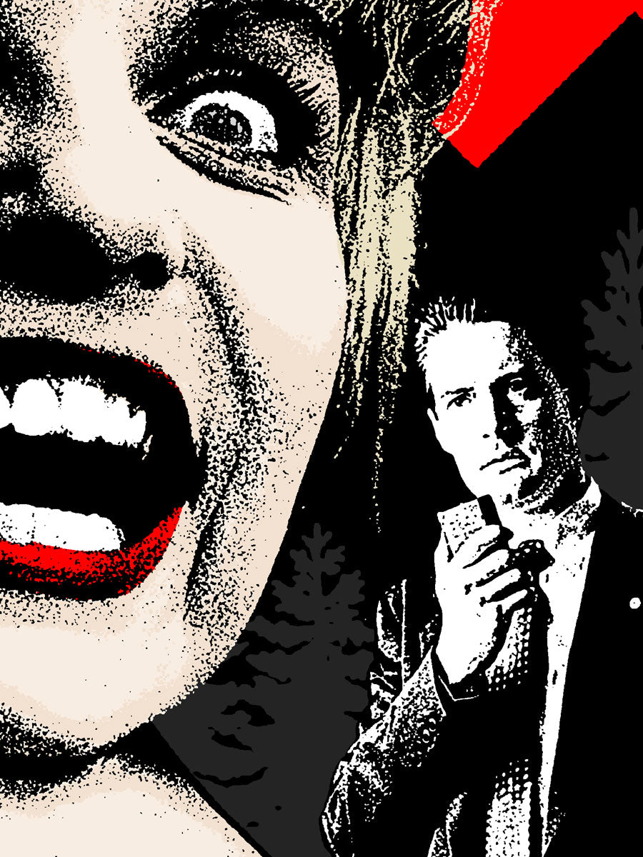 A stylized image by Rucking Fotten depicts a close-up of a woman screaming with wide eyes and red lips, while a man in a suit holds a recorder in the background amidst dark trees and a bold red geometric shape. Rendered as a screen print, this striking scene features glow in the dark elements that add an eerie intensity to the composition.