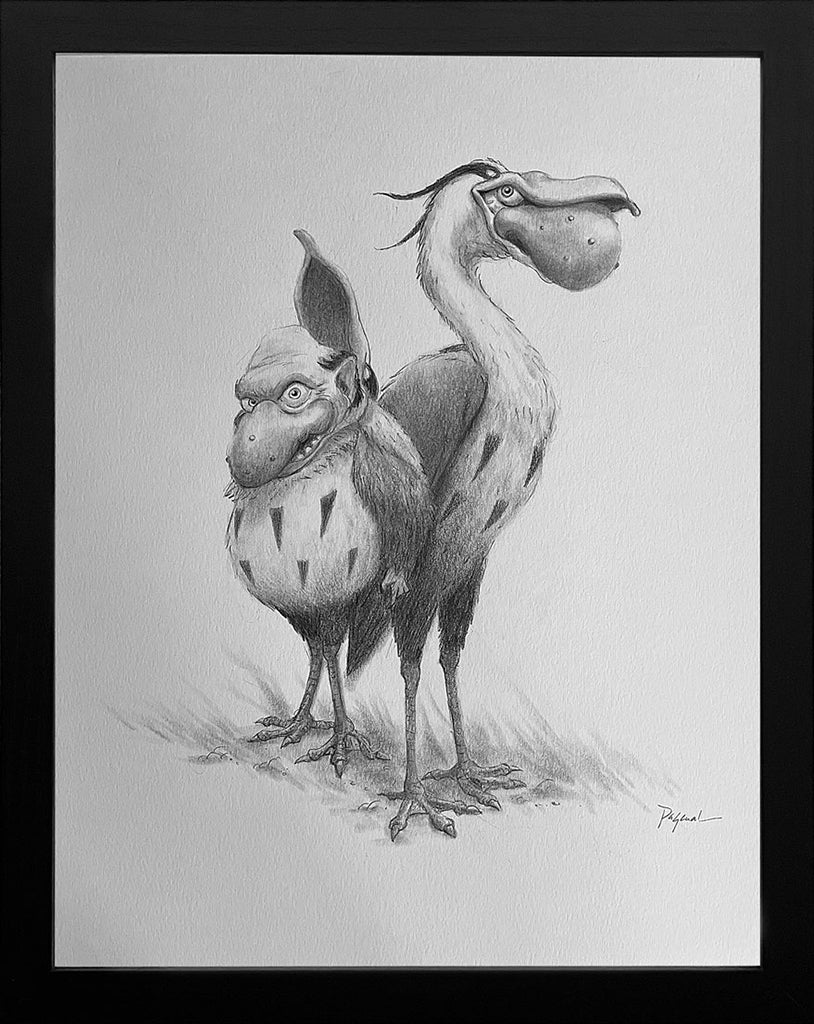 A graphite artwork from Spoke Art, inspired by Ruel Pascual, shows two odd bird-like creatures with big beaks and expressive faces—one upright, one glancing grumpily over its shoulder—with featherless bodies in a black frame.