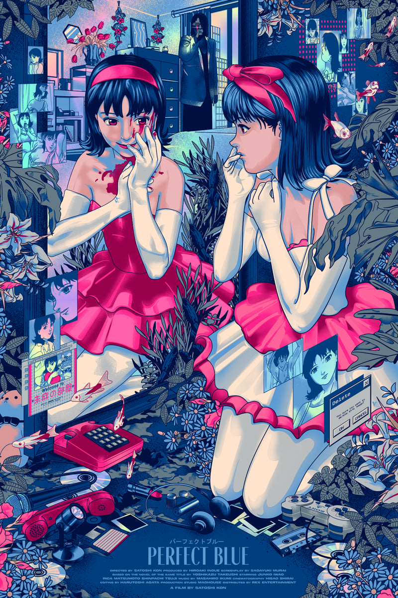 Screen printed poster for Perfect Blue featuring a woman in a pink dress standing before a mirror amidst blue flowers, floating digital icons, and scattered retro technology.