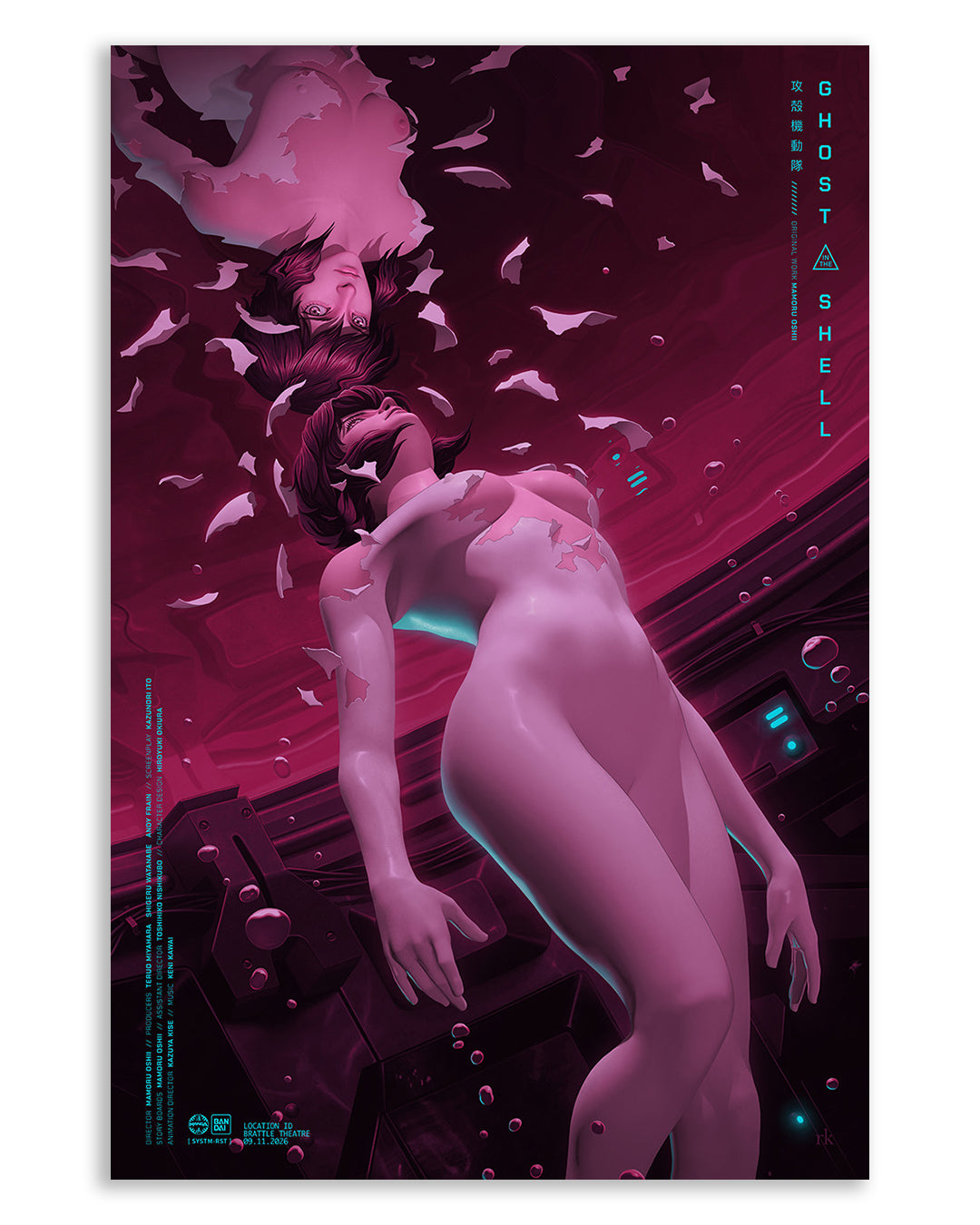 A stylized, pink-hued screen print by Rory Kurtz shows a nude female figure floating underwater with shards surrounding her, another semi-transparent figure above, and dark technological structures in the background. The text reads Ghost in the Shell.