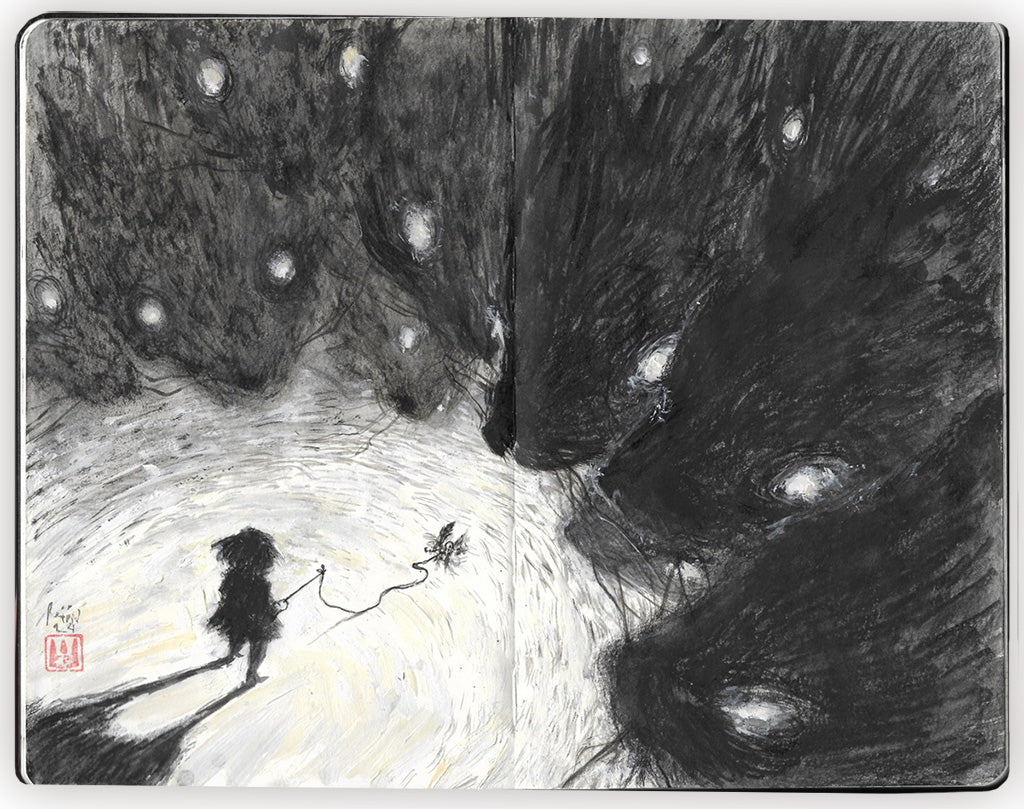 black and white illustration in an open face Moleskine notebook of a little girl with an object on a string facing multiple cat-like shadow figures by artist Reinn