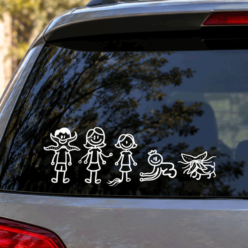 A white Kill Count car window vinyl decal depicting a boy with an octopus on his head, a girl, a child with a tail, a crawling baby, and a small monster-like creature.