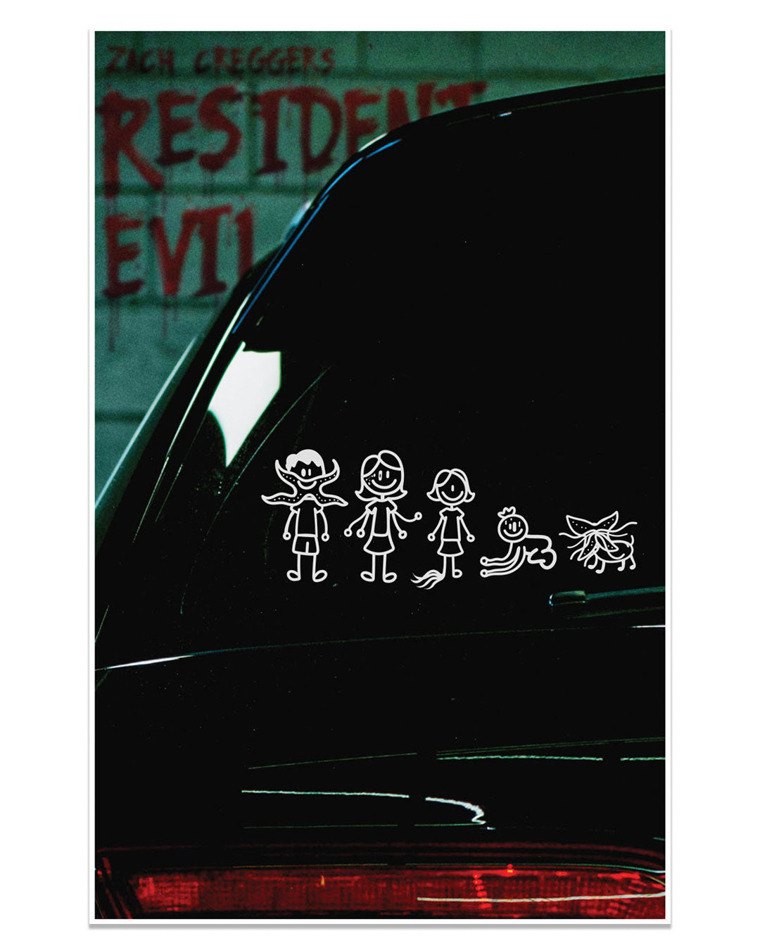 A car window decal showing a stick-figure family with tentacles, tails, and monster-like features, reminiscent of a Sarah Sumeray Kill Count print.