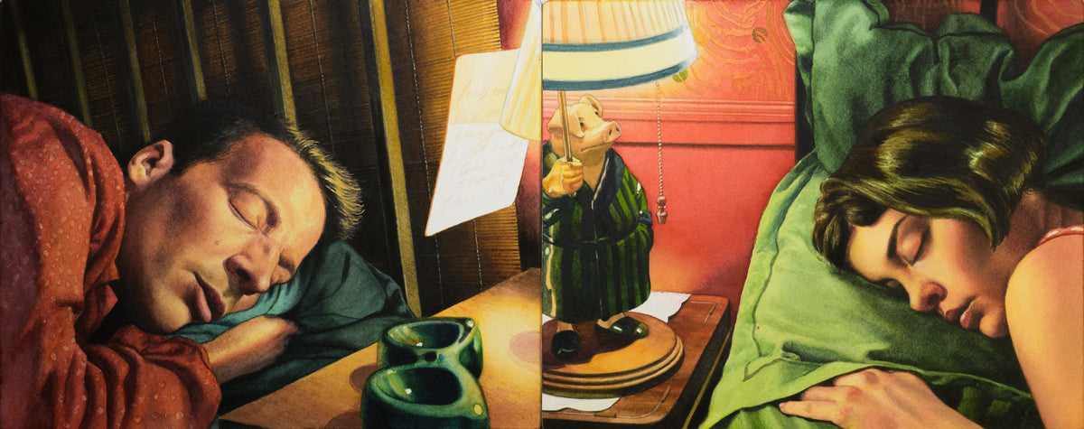 A man and woman sleep on separate beds with a lamp and figurine on a nightstand between them, bathed in warm light—an intimate moment from "Les Rêveurs" by Reuben Negron, featured at the Spoke Art 15th Anniversary Show.