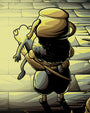 In this digital print titled The Ringing of the Bell, a figure with a pot on their head carries a small, limp frog-like creature while standing on a cobblestone path.