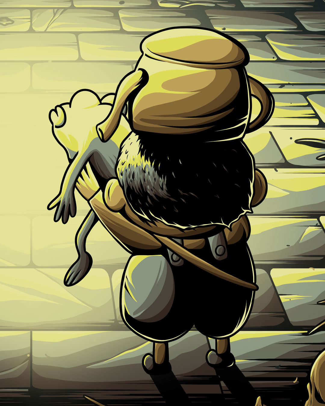 In this digital print titled The Ringing of the Bell, a figure with a pot on their head carries a small, limp frog-like creature while standing on a cobblestone path.