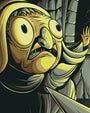 A wide-eyed, hooded figure with a pointed nose and sharp teeth from Jesse Reiners’ The Ringing of the Bell looks off to the side with an expression of shock or alarm.