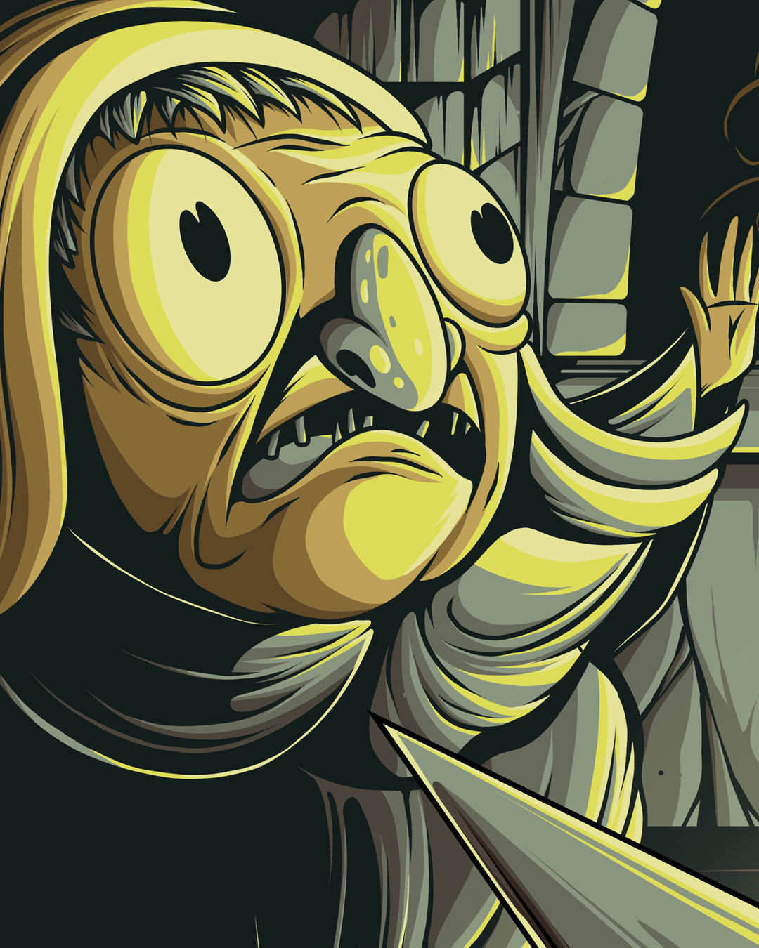 A wide-eyed, hooded figure with a pointed nose and sharp teeth from Jesse Reiners’ The Ringing of the Bell looks off to the side with an expression of shock or alarm.