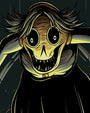 A pale, skull-like creature with large black eyes and a wide, toothy grin wears a dark hooded cloak in this digital print titled The Ringing of the Bell.