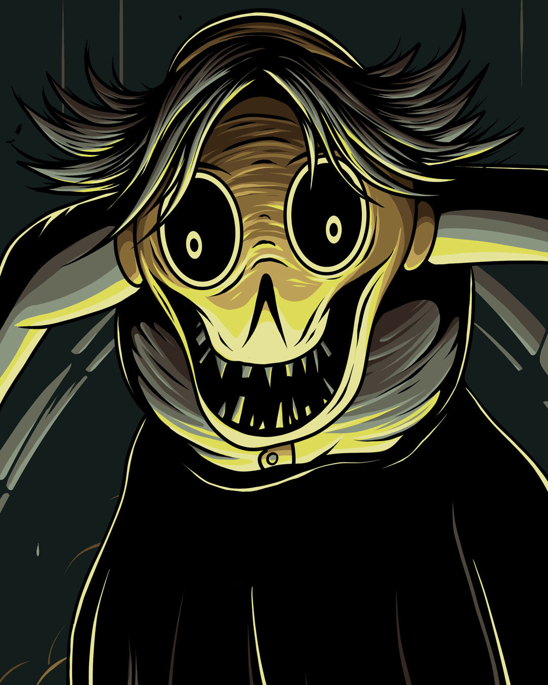 A pale, skull-like creature with large black eyes and a wide, toothy grin wears a dark hooded cloak in this digital print titled The Ringing of the Bell.