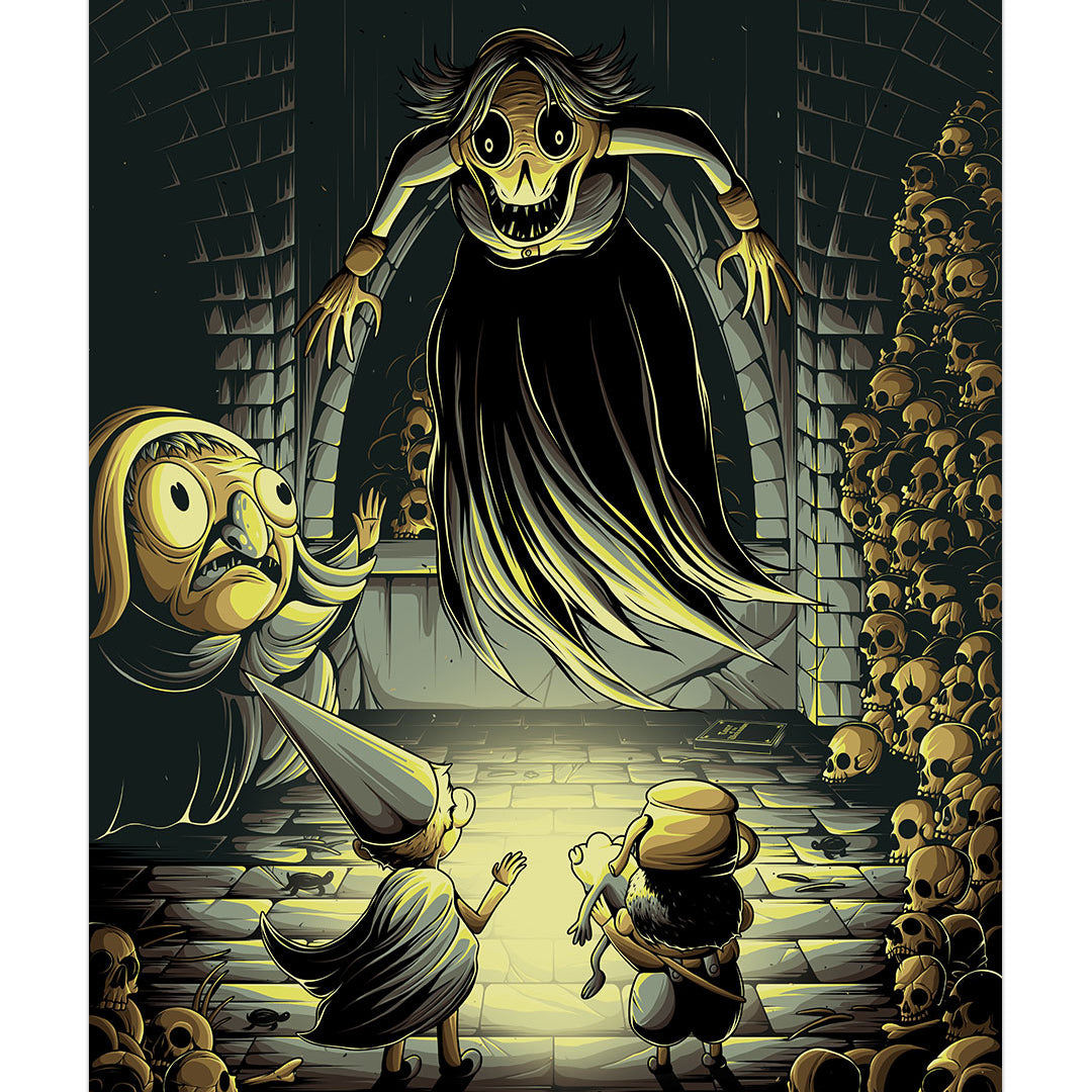 In Jesse Reiners’ digital print, two children stand before a towering, ghostly figure and a cowering elderly woman in a dark, skull-filled dungeon.