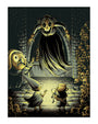 In Jesse Reiners’ digital print, two children stand before a towering, ghostly figure and a cowering elderly woman in a dark, skull-filled dungeon.