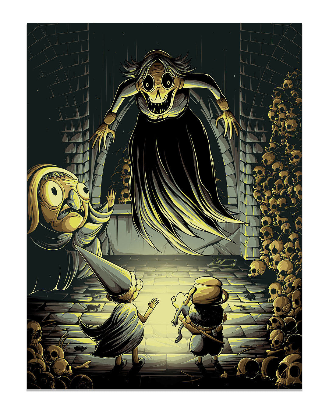 In Jesse Reiners’ digital print, two children stand before a towering, ghostly figure and a cowering elderly woman in a dark, skull-filled dungeon.