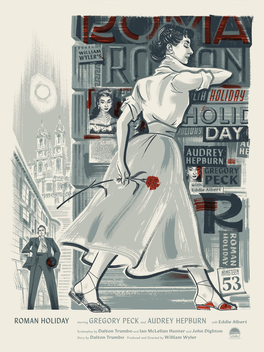 This limited edition screen print by Anne Benjamin features a stylish woman smiling past Italian architecture, with a man holding flowers in the background. Collaged text and film details complete this Roman Holiday art poster.