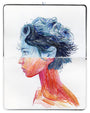 Artwork created by various blue, orange, pink, and read threads depicting  person in profile on the open pages of a Moleskine Notebook by artist Rose Couch