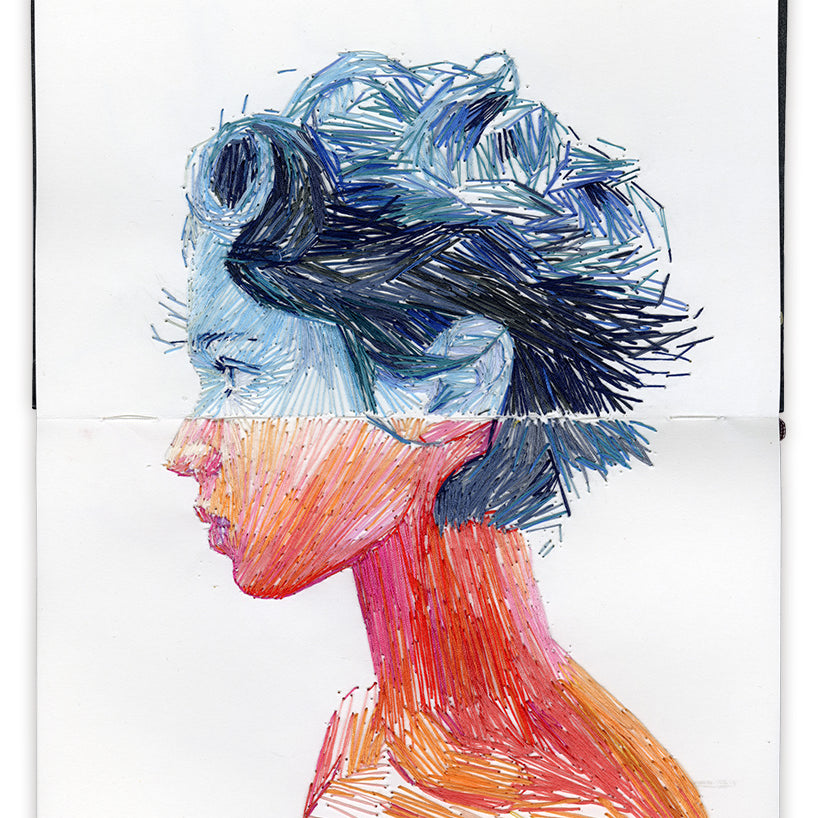 Artwork created by various blue, orange, pink, and read threads depicting  person in profile on the open pages of a Moleskine Notebook by artist Rose Couch