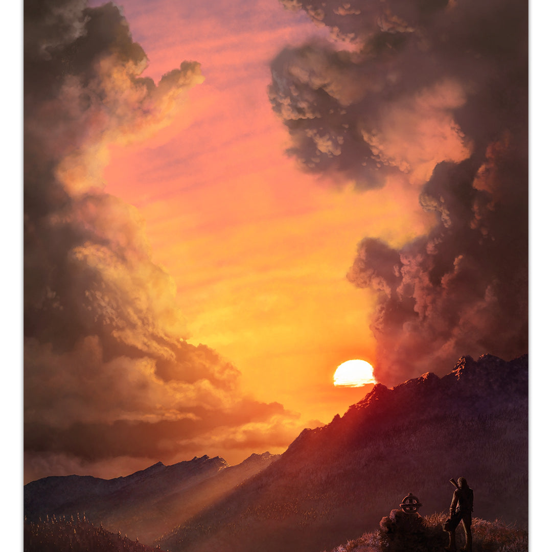 A dramatic sunset over the Royalston mountains features vivid orange skies and dark clouds. Two silhouetted figures stand on a hilltop, captured in an archival pigment print by Royalston, overlooking the scenic view.