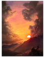 A dramatic sunset over the Royalston mountains features vivid orange skies and dark clouds. Two silhouetted figures stand on a hilltop, captured in an archival pigment print by Royalston, overlooking the scenic view.
