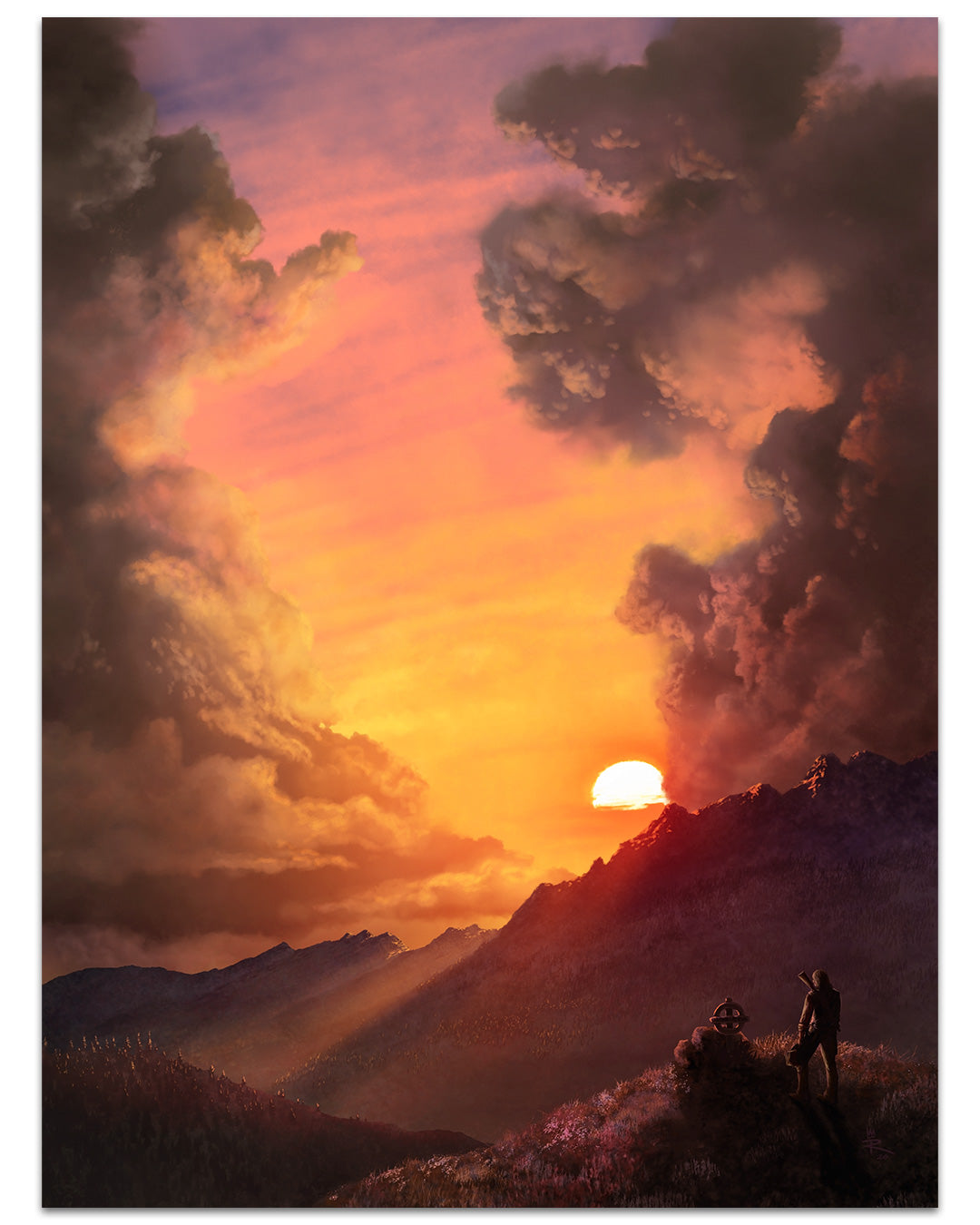 A dramatic sunset over the Royalston mountains features vivid orange skies and dark clouds. Two silhouetted figures stand on a hilltop, captured in an archival pigment print by Royalston, overlooking the scenic view.
