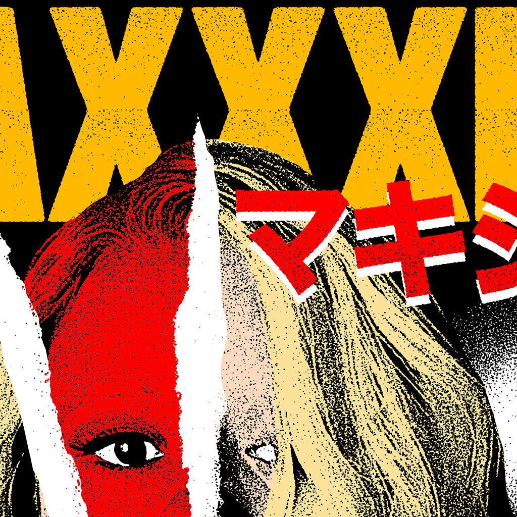A screen print-inspired face, split by jagged white lines—half red, half yellow—overlays bold yellow XXX letters and striking red Japanese text. Gritty comic book style pulses with Rucking Fotten brand energy throughout.