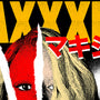 A screen print-inspired face, split by jagged white lines—half red, half yellow—overlays bold yellow XXX letters and striking red Japanese text. Gritty comic book style pulses with Rucking Fotten brand energy throughout.