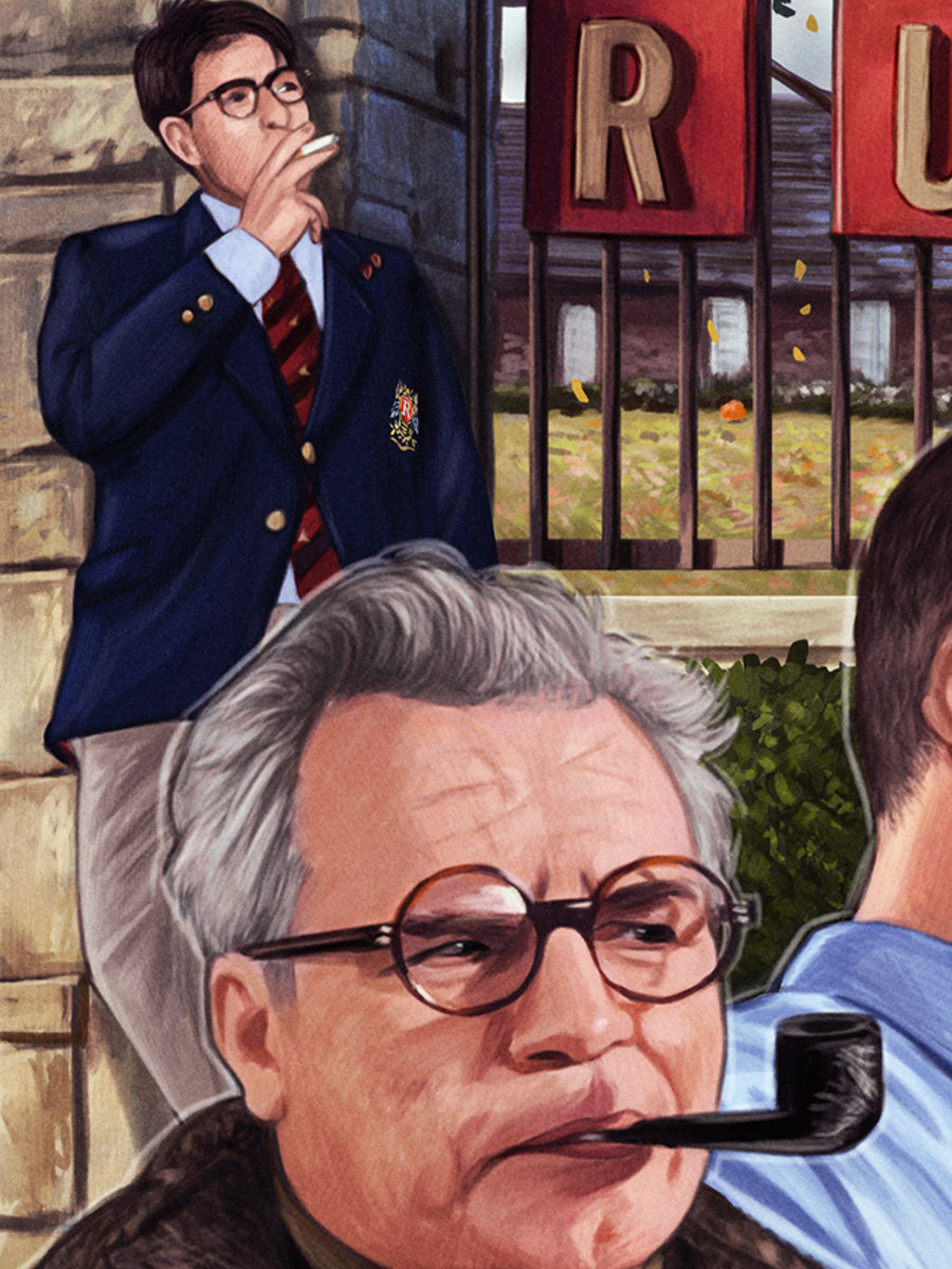 A young man in a blazer smokes a cigarette near a stone wall, while an older man with glasses and gray hair smokes a pipe in the foreground. In the background, a gate adorned with red banners is captured in stunning detail as an archival pigment print by Sam Gilbey—offered here as a limited edition art piece from Sam Gilbey.