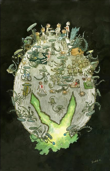 A Scott C. egg-shaped Alien nest packed with cartoon Xenomorphs and facehuggers in quirky, human-like poses. Glowing green cracks form a sinister face, capturing Life On Planet Alien in whimsical watercolor style.