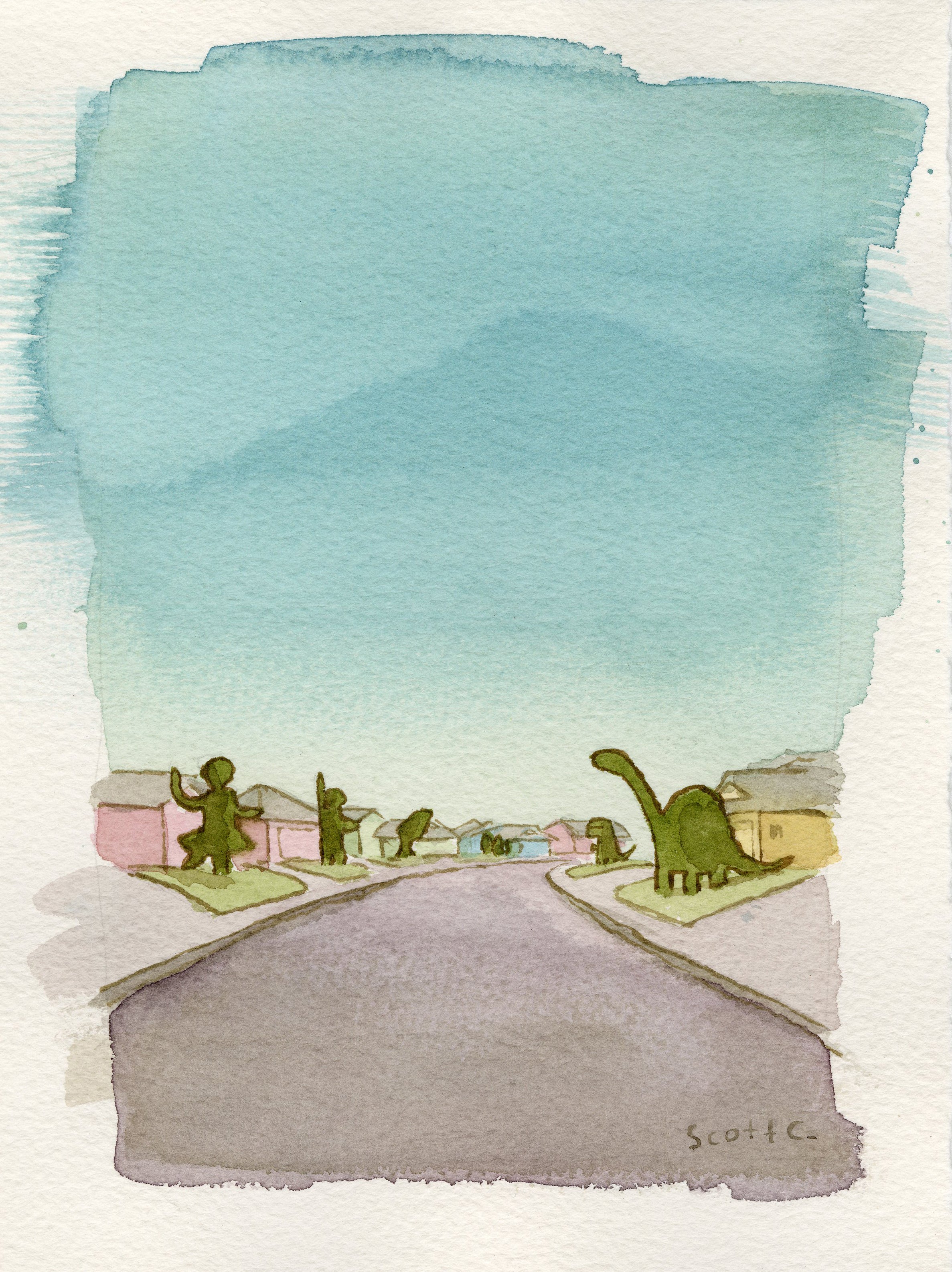 A watercolor painting by Scott C. titled The Neighborhood Topiaries shows a peaceful suburban street with pastel houses, green dinosaur-shaped topiaries, and a clear blue sky.