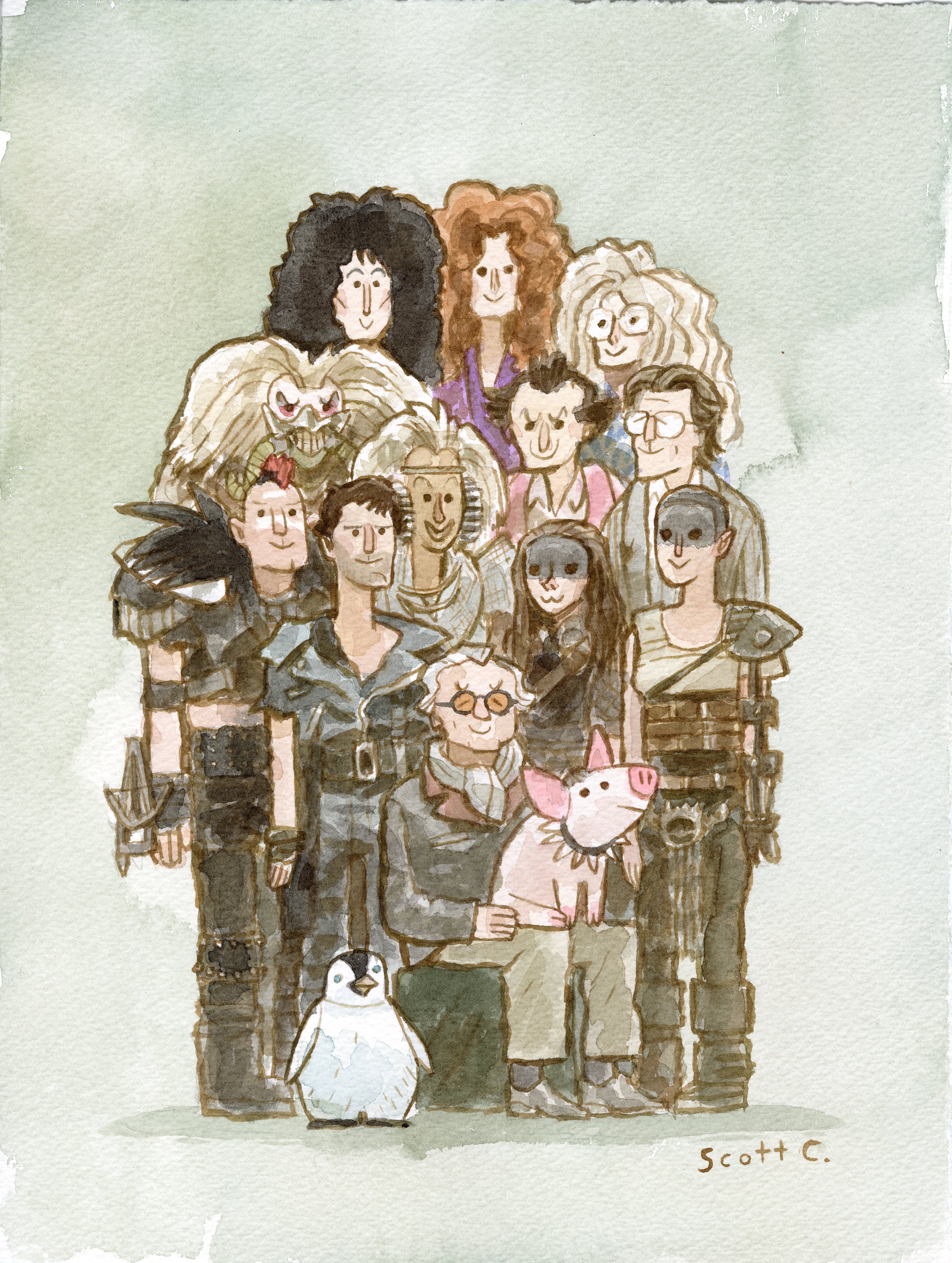 A watercolor illustration by Scott C. features eleven Labyrinth characters—including Jareth, Sarah, Hoggle, Ludo, Sir Didymus, Ambrosius, and a penguin—standing together on paper. The artist’s signature is at the bottom right.
