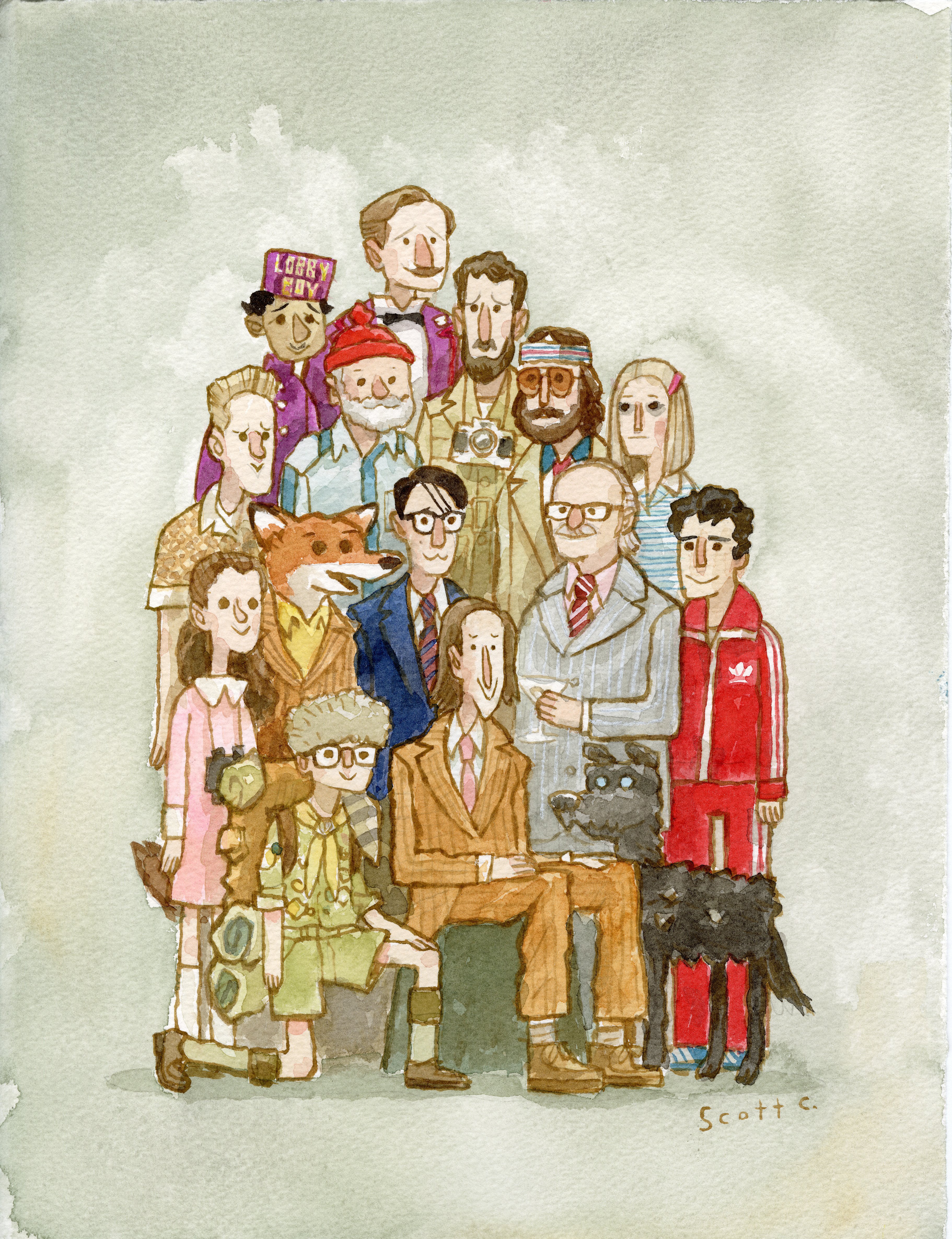 A whimsical Scott C. watercolor of twelve people and a black dog in quirky vintage outfits, arranged in three rows for a nostalgic group portrait. Some wear glasses, hats, or costumes, evoking charming Wes Anderson-inspired vibes.