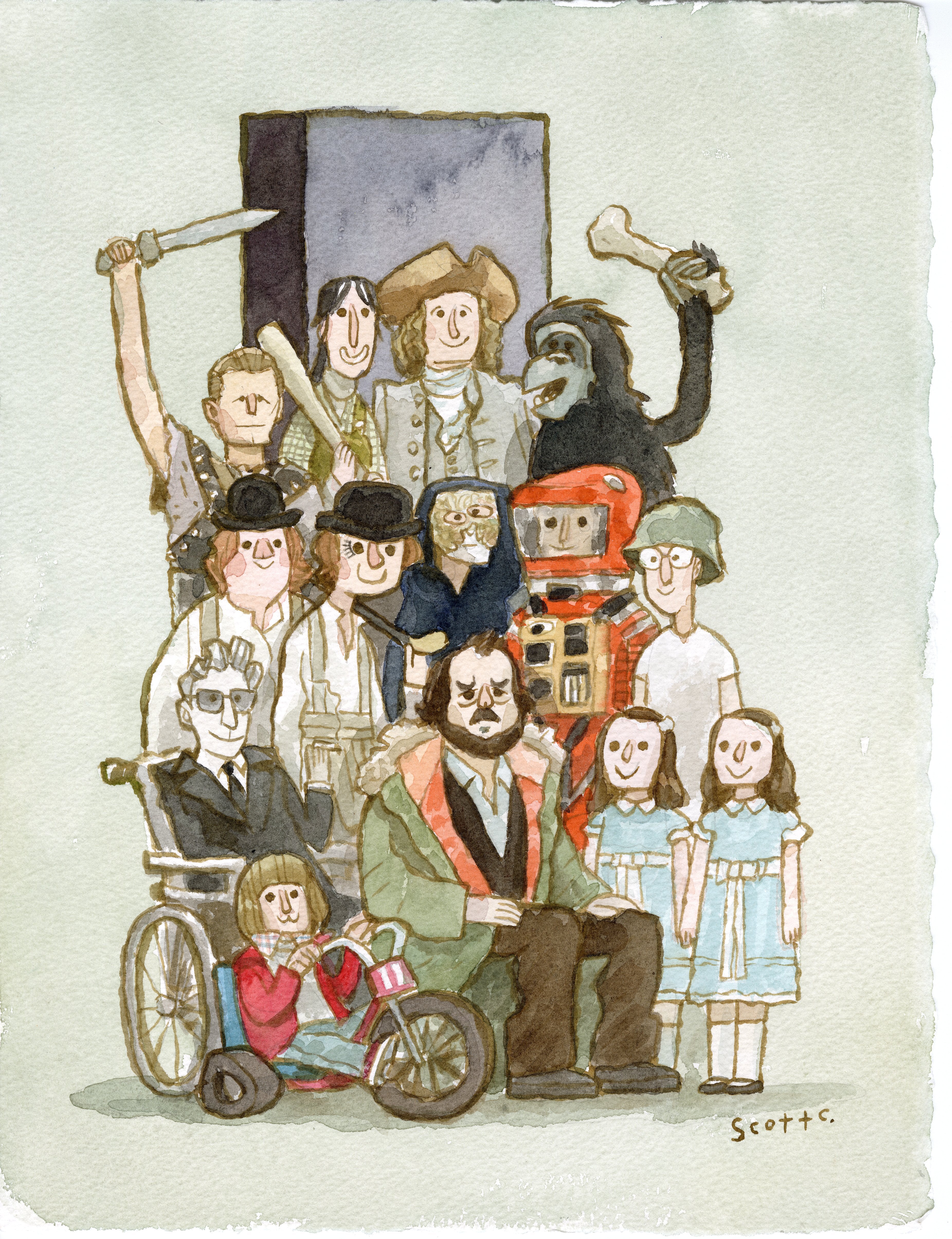 A watercolor by Scott C. showcasing Stanley Kubrick surrounded by characters from his films: A Clockwork Orange, The Shining, 2001: A Space Odyssey, Dr. Strangelove, and Full Metal Jacket.